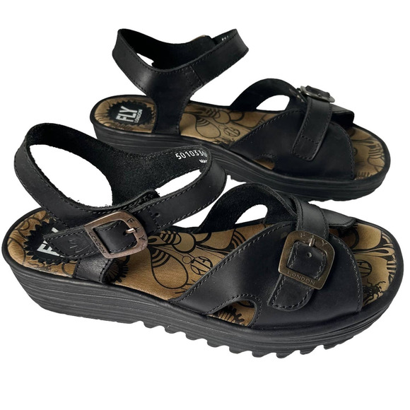 FLY LONDON EMITFLY WEDGE SANDALS IN BLACK LEATHER WOMEN SIZE EU39/US9 - Picture 4 of 10